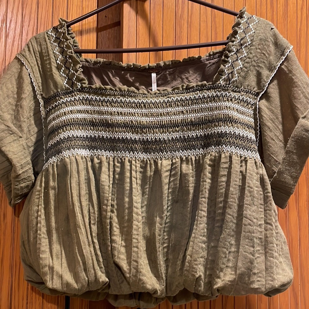 Free People Wandering Skies Cropped Embroidered Moss Green Blouse/Top, Size XS - Picture 5 of 8